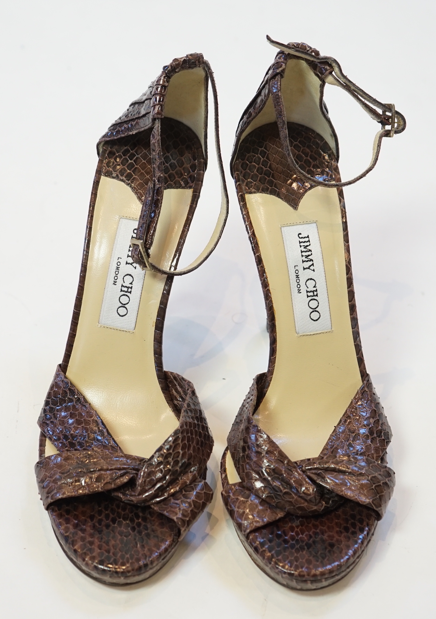 A pair of Jimmy Choo lady's brown snakeskin sandals, size EU 39